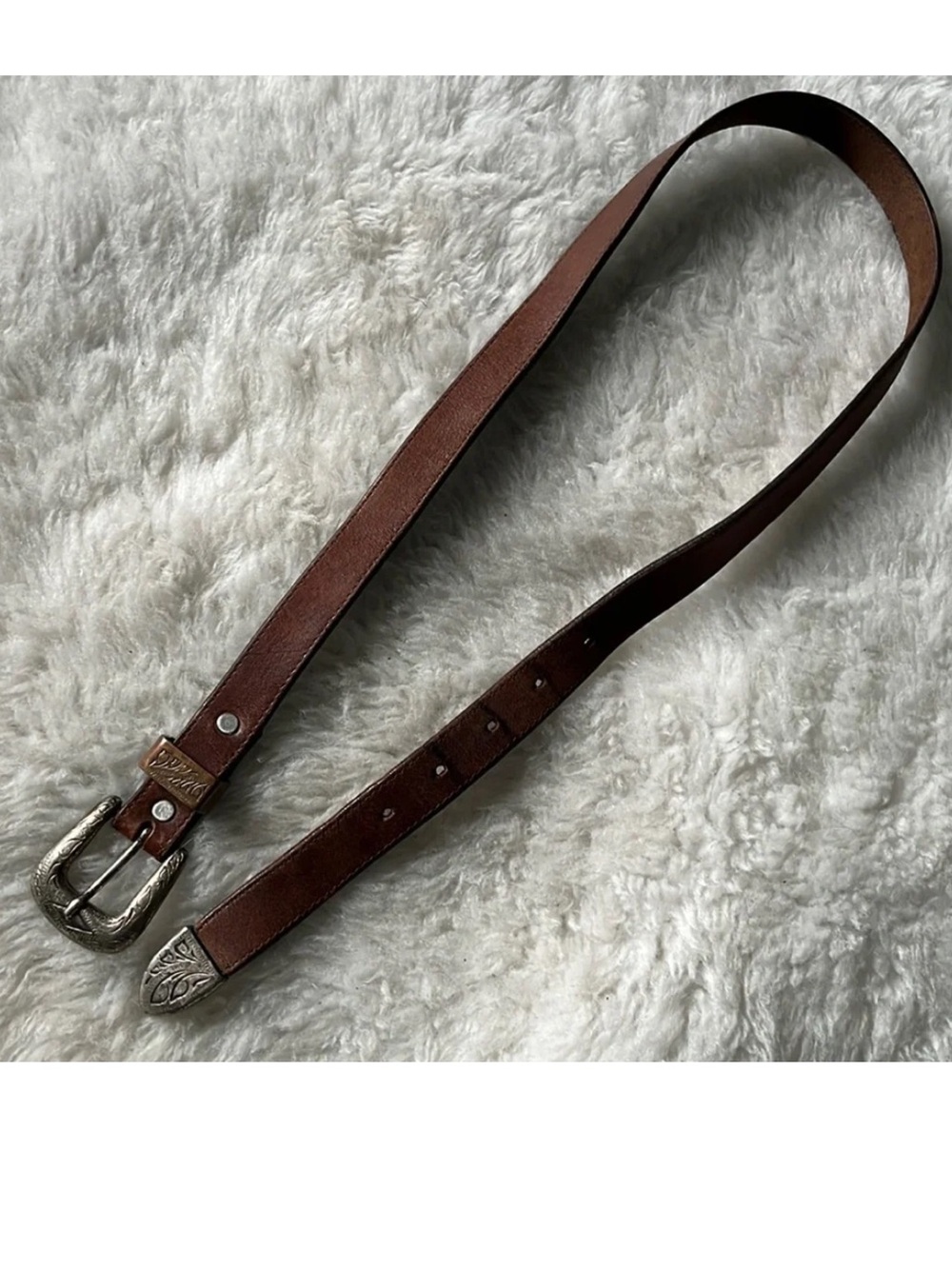 Vintage Frontier Line brown leather belt with fancy engraved buckle and end 32 - Picture 3 of 10